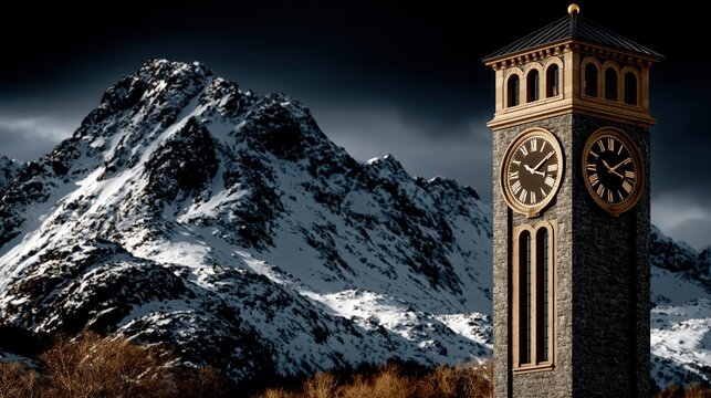 Stunning clock tower stands proudly against the majestic backdrop of Lofoten Island's snow-capped mountains