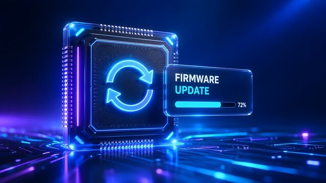Glowing microchip processor displaying firmware update interface with circuit board lines and refresh arrows