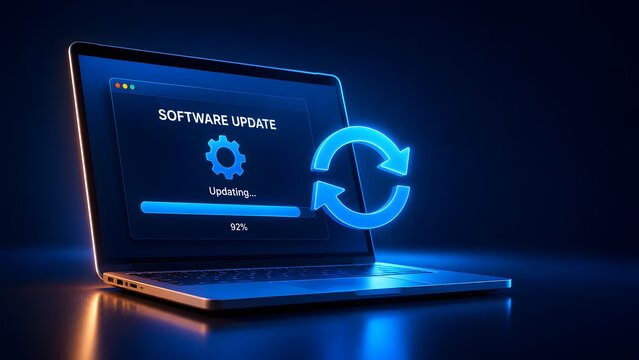 Laptop displaying glowing blue software update interface with progress bar and refresh arrows