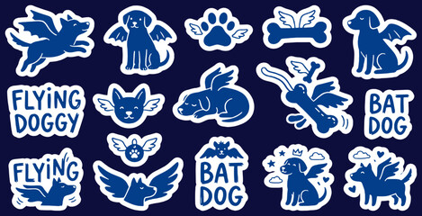 Obraz premium Collection of cute blue dog stickers with wings, bones, and paw prints on a dark background.