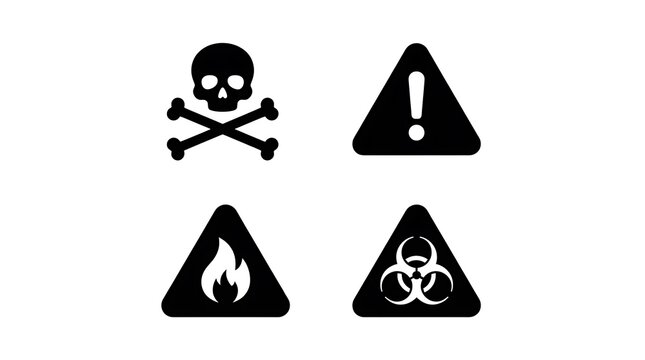 Set of four black hazard warning signs including skull and crossbones attention fire and biohazard symbols