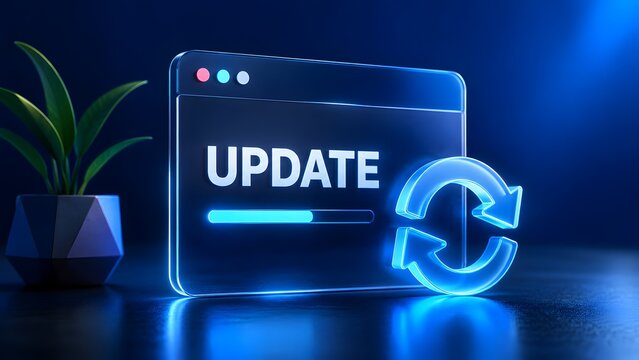 Glowing digital interface displaying a software update progress bar next to a neon refresh symbol on a dark reflective desk