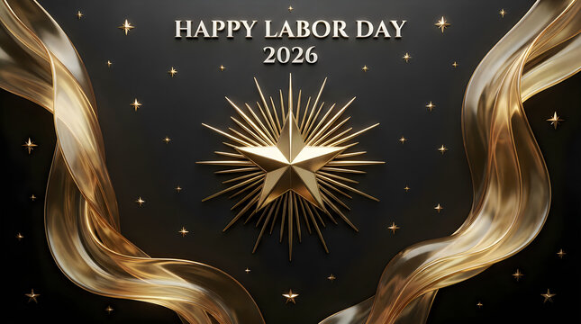 Happy labor day 2026 greeting card design with a glowing star and elegant gold ribbons