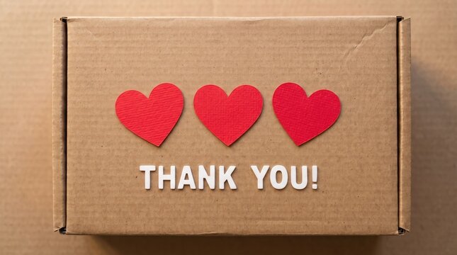 Cardboard package with three red hearts and a thank you message