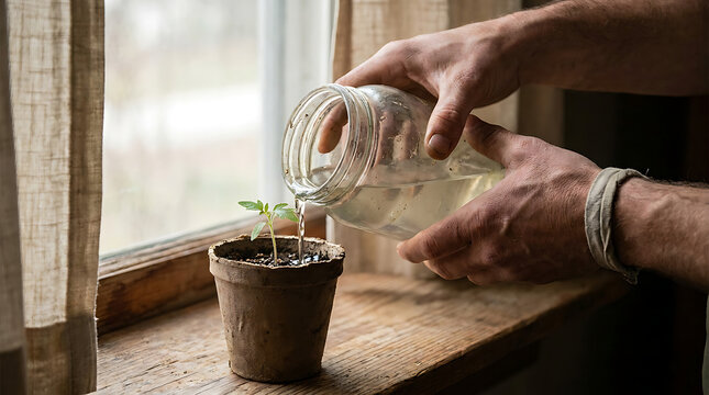 Gardener hands watering small green plant seedling in pot on windowsill for growth and nurturing concept.