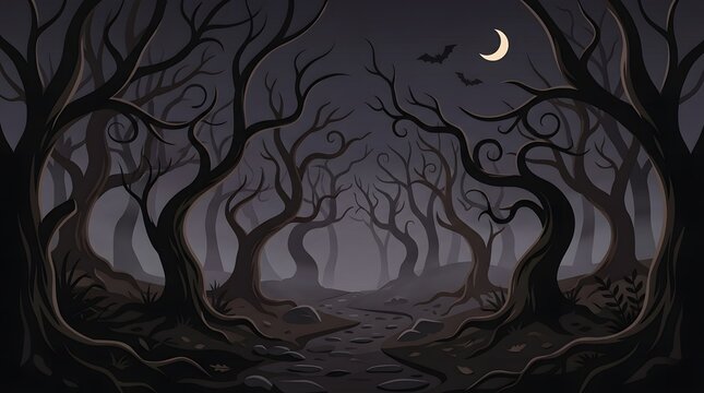 A dark and mysterious haunted forest background featuring twisted leafless trees under a crescent moon in a spooky night setting