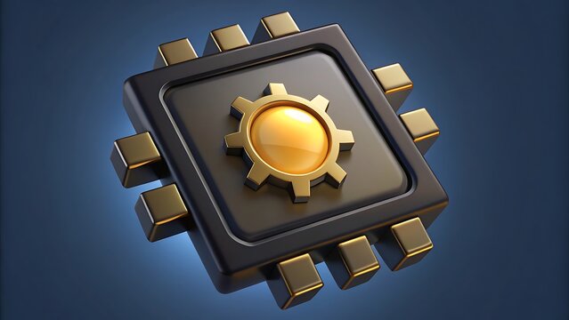 A 3d rendered icon of a modern electronic microchip with gold gear symbol