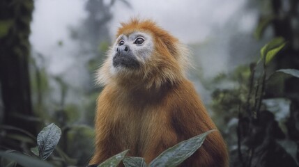 Naklejka premium An adult snub-nosed golden money in its natural habitat. He is looking off into distance with a thoughtful expression. Exotic jungle background, AI generated