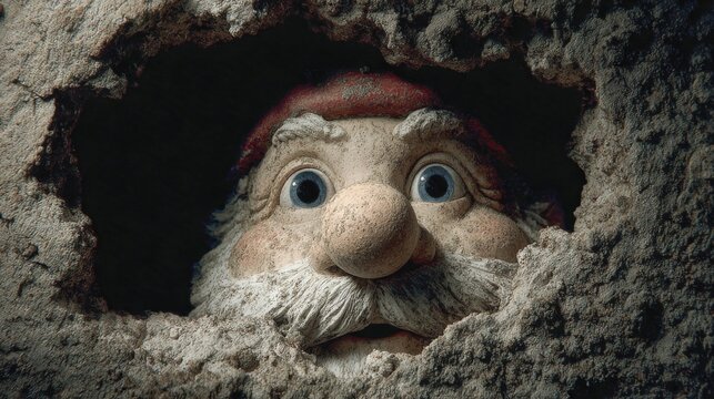 A wide-eyed gnome peers nervously from a rocky hiding spot, his dusty face and trembling stare capturing a moment of fear and secrecy, AI generated