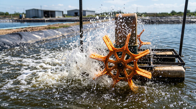 Paddlewheel aerator churning water in a shrimp farm pond.