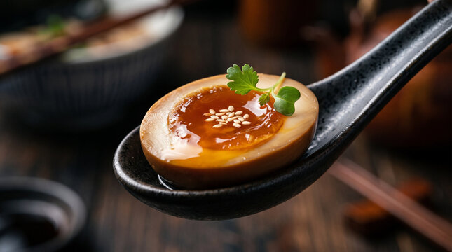Perfectly Cooked Ramen Egg with Rich Yolk and Garnish.
