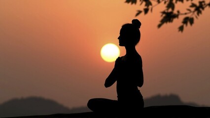 Fototapeta premium Person sitting in lotus position meditating at sunset, symbolic image of inner peace, balance and relaxation, AI generated