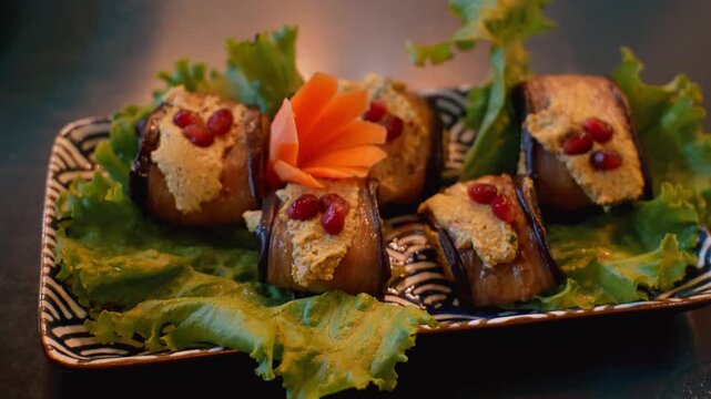 Traditional georgian badrijani nigvzit, delicious eggplant rolls stuffed with walnut paste and herbs, garnished with fresh pomegranate seeds and served on a bed of lettuce leaves in a restaurant