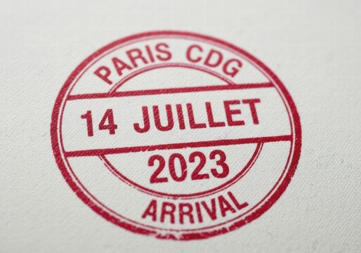 Paris CDG arrival stamp with French date in red ink, ai illustration travel graphics, AI generated