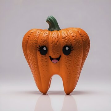 Isolated pumpkin tooth features a cheerful smiley face, perfect for Halloween festivities. Its vibrant orange color and playful design add a whimsical touch to seasonal decor. AI generated