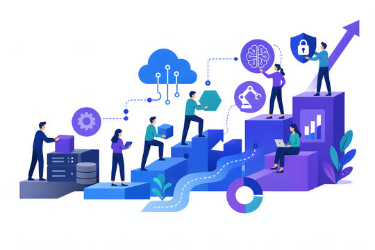 premium flat vector illustration representing corporate digital transformation, business team building a visual transformation roadmap connecting legacy systems to cloud computing, artificial intellig