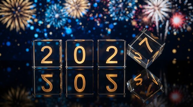 2025 new year golden numbers on glass cubes with colorful fireworks in the night sky background