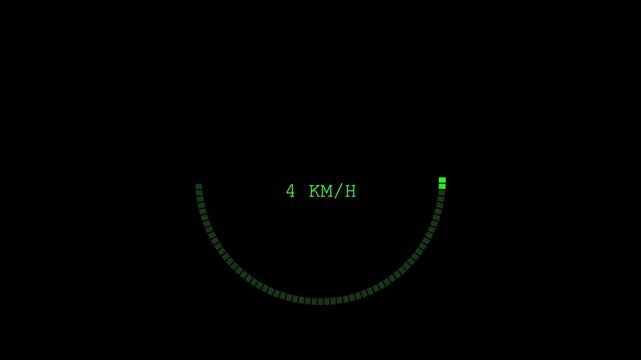 Futuristic digital speedometer gauges with green segmented arcs showing speed in kilometers per hour