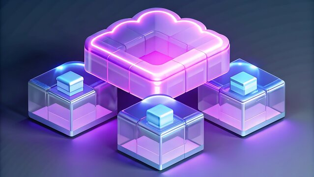 Abstract futuristic 3d illustration of glowing cybernetic data storage blocks and infrastructure networks
