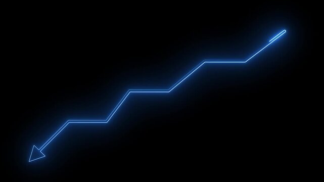 Glowing blue neon line arrow moving down step by step on black background, futuristic business loss decline chart diagram indicator, stock market crash decrease UI UX motion graphic video effect.