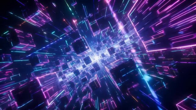 Glowing neon cubes floating through dark digital space in this fast motion abstract technology video clip