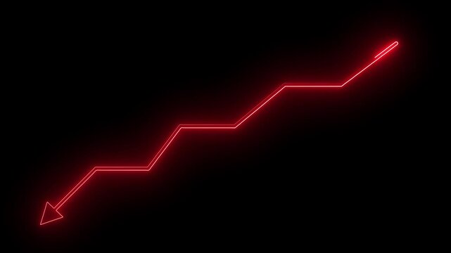 Glowing Red neon line arrow moving down step by step on black background, futuristic business loss decline chart diagram indicator, stock market crash decrease UI UX motion graphic video effect.