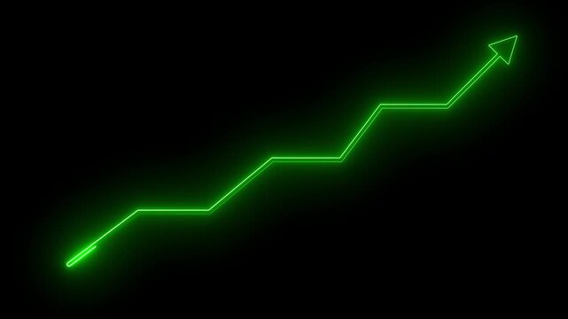 Glowing green neon line arrow moving up step by step on black background, futuristic business success growth chart diagram indicator, stock market profit increase UI UX motion graphic video effect.