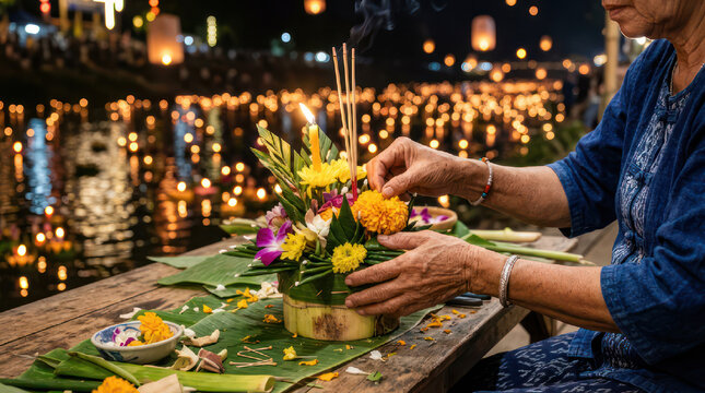 Woman decorating a krathong with flowers and incense sticks.