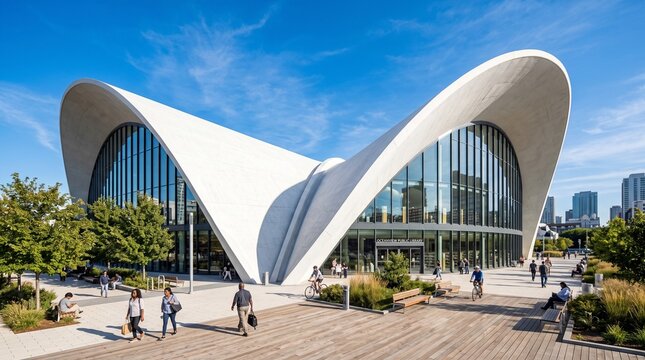 Modern Public Library Building with Curved Concrete Roof Architecture