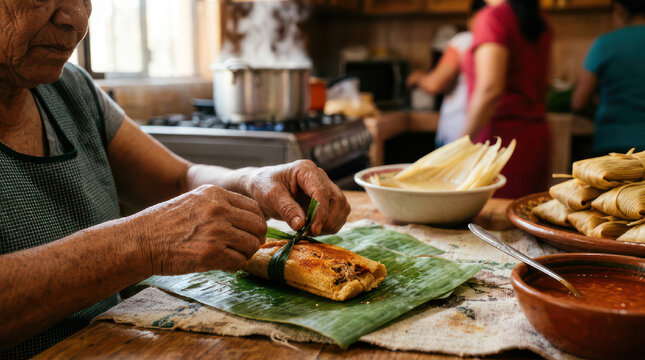Woman preparing traditional tamales wrapped in banana leaves.