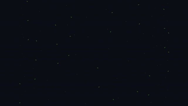 Glowing green fireflies and small leaves drifting through a dark night background