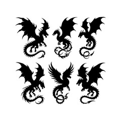 Fototapeta premium Collection of mythical dragon silhouettes set in diverse flying positions for fantasy design.