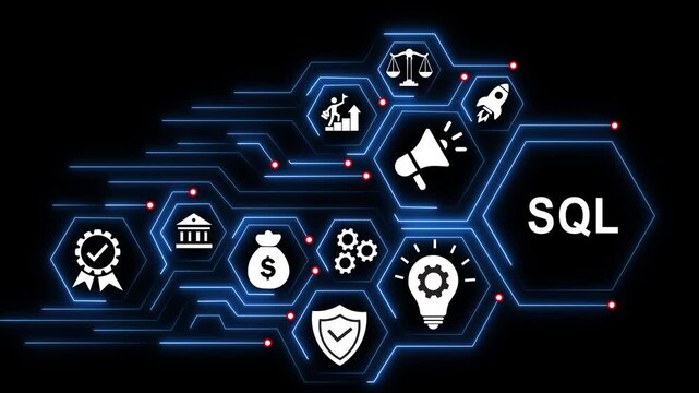 Sql database management concept with digital network interface and business animation technology