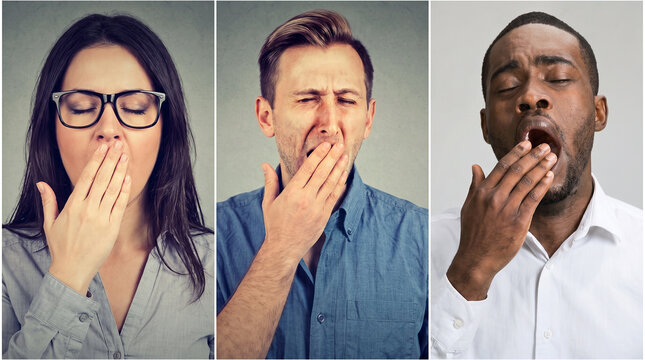 Diverse group of people of different ages and ethnicities yawning tiredly covering their mouths with their hands, Tired men and women yawning with exhaustion against a grey background depicting sleep 