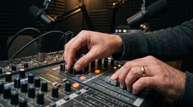 Sound Engineering in Action: A close-up view of a sound engineer's hands skillfully adjusting knobs and faders on a professional audio mixing console in a sound-dampened studio.