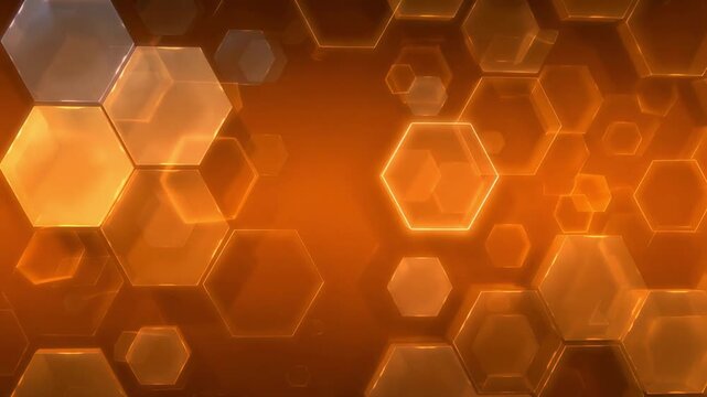 Glowing golden hexagonal shapes moving in abstract digital motion background for high tech video footage animation