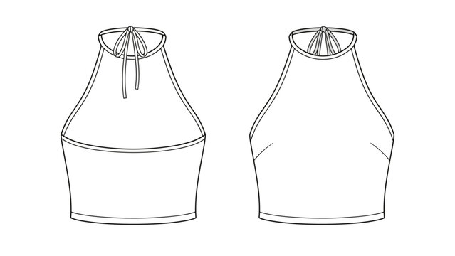 Halter neck tie-back cropped top with open back, unlined, slim fit, sleeveless women's top, front and back fashion flat sketch, cad mockup technical drawing, resort wear sketch