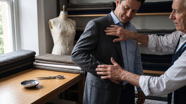 Experienced tailor fitting a custom jacket on a customer
