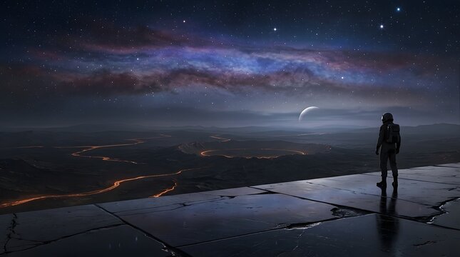 Astronaut standing on a platform overlooking a vast alien landscape under a starry night sky.