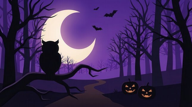 Halloween spooky forest with owl silhouette crescent moon and bare trees vector.