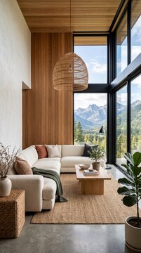 Modern Mountain Living Room with Panoramic Window View and Wood Accents