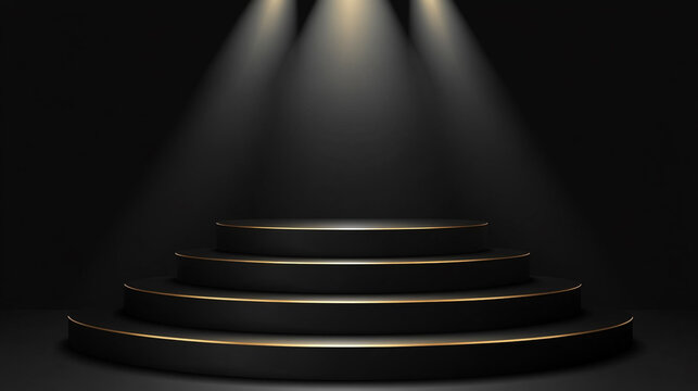 Multitiered circular black and gold stage illuminated by multiple spotlights from above with platform pedestal spotlight presentation background