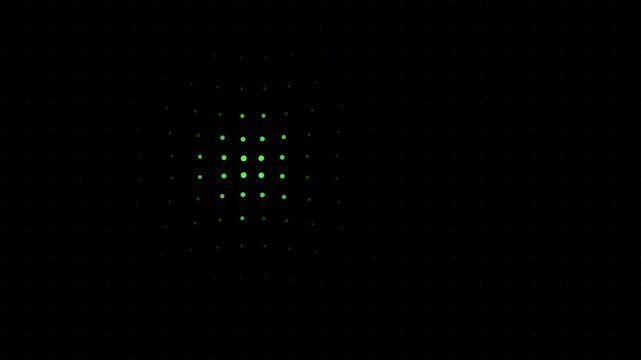 Green digital grid of dots warping with a magnetic effect on a dark background for tech visuals