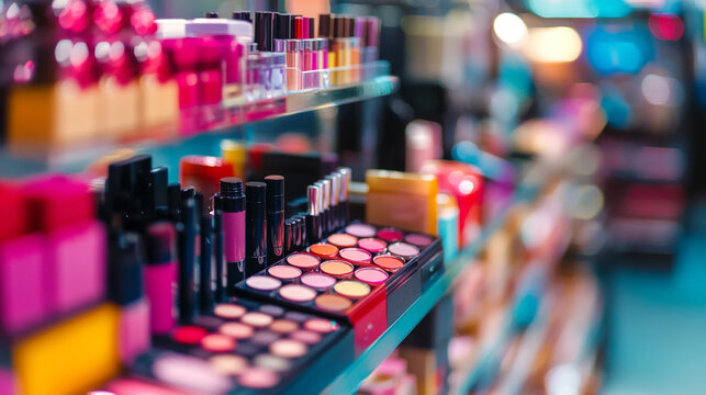 Variety of makeup palettes and cosmetics neatly organized on glass shelves inside a retail store with cosmetics eyeshadow collection commercial