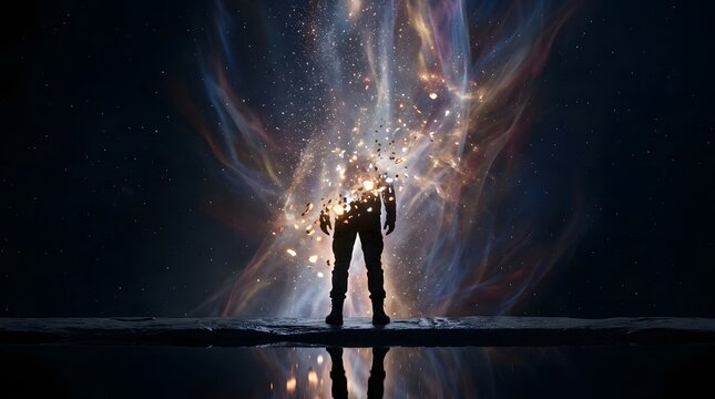 Human silhouette dissolving into cosmic stardust particles against a dark nebula background.