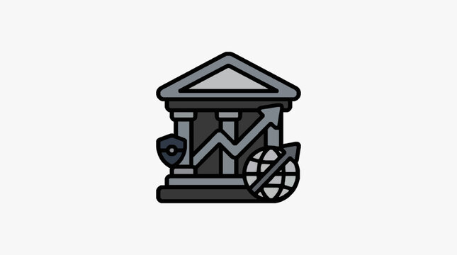 Clean Minimalist Black and White Icon of a Temple with Gear and Globe Symbols for Finance or Economy