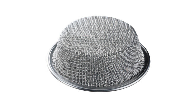 Stainless steel mesh strainer dome shape kitchen tool on transparent background.