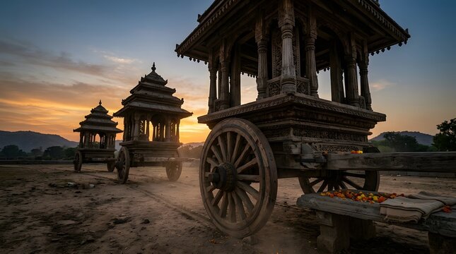 Traditional wooden temple chariots at sunset in an ancient rural landscape