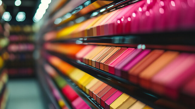 Colorful cosmetics display shelves stocked full of makeup products inside retail store with cosmetics products lipsticks foundation eyeshadow