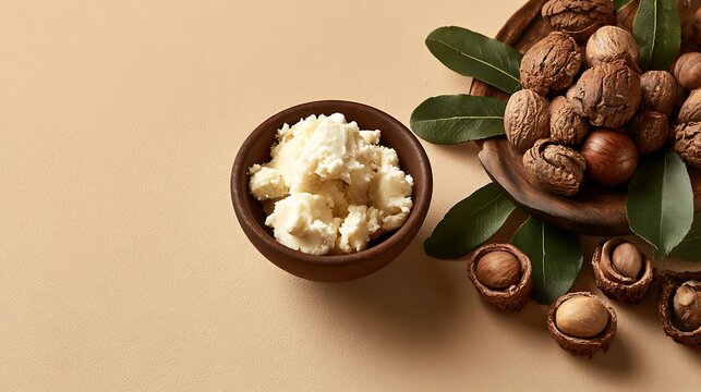 Shea butter in a wooden bowl with shea nuts and green leaves